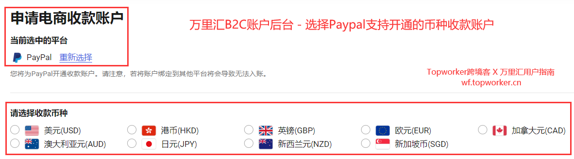 万里汇B2C账户后台-收款/店铺管理：选择Paypal支持开通的币种收款账户