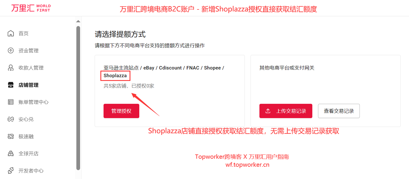 万里汇跨境电商B2C账户-新增Shoplazza授权直接获取结汇额度